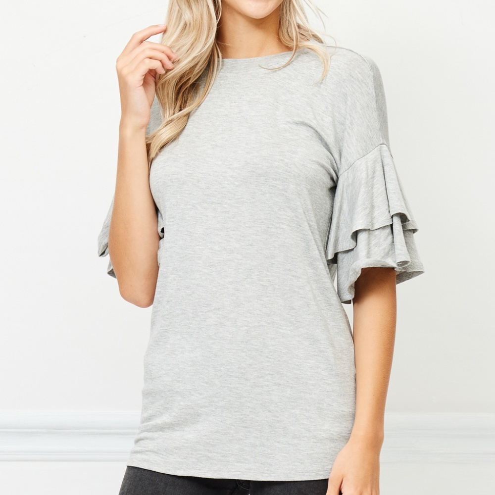 "ROUND NECK RUFFLE SLEEVE TOP" - Picture 2 of 6